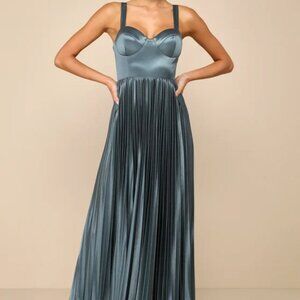 Lulus Luxurious Flair Blue Grey Satin Pleated Bustier Maxi Dress